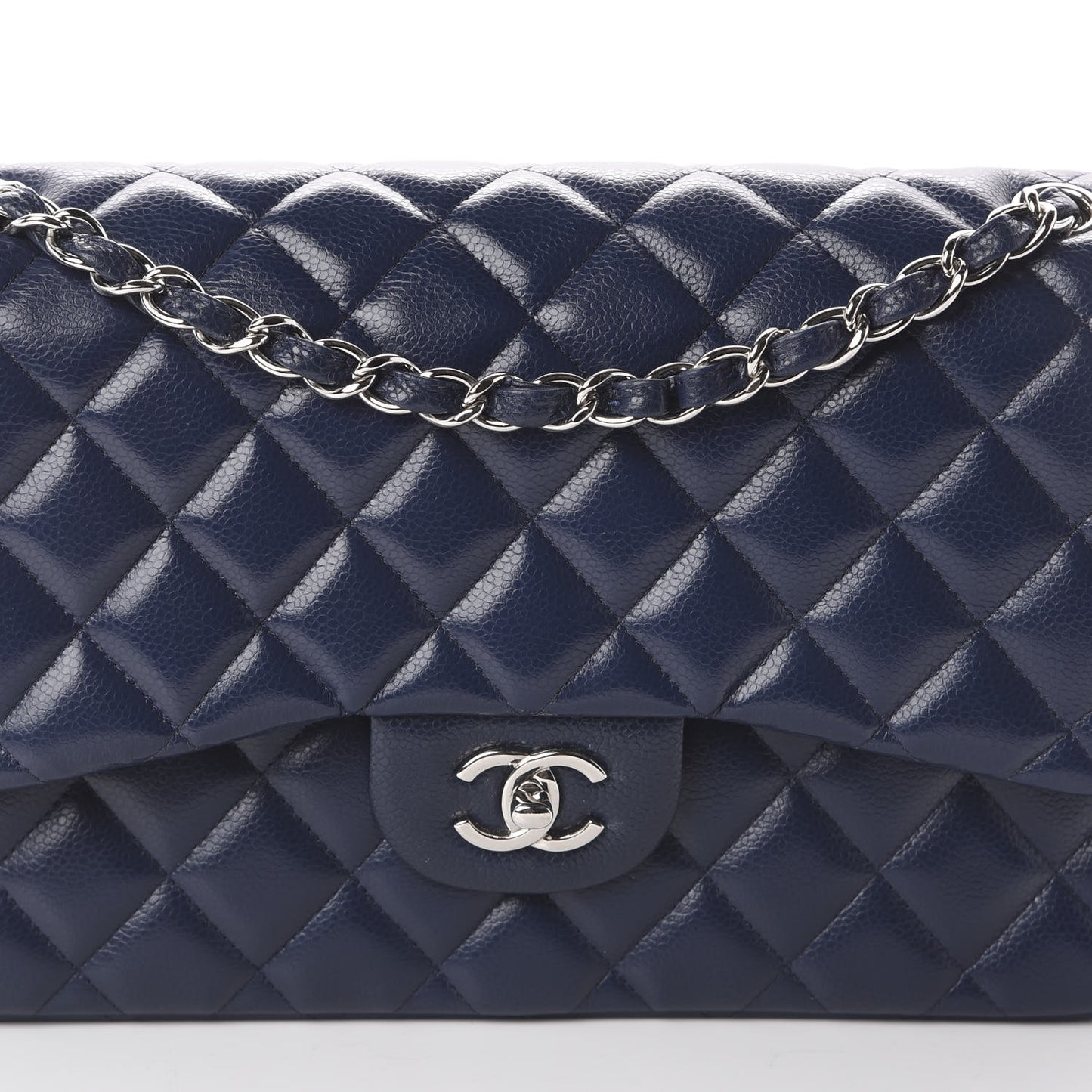 Caviar Quilted Jumbo Double Flap Navy Blue