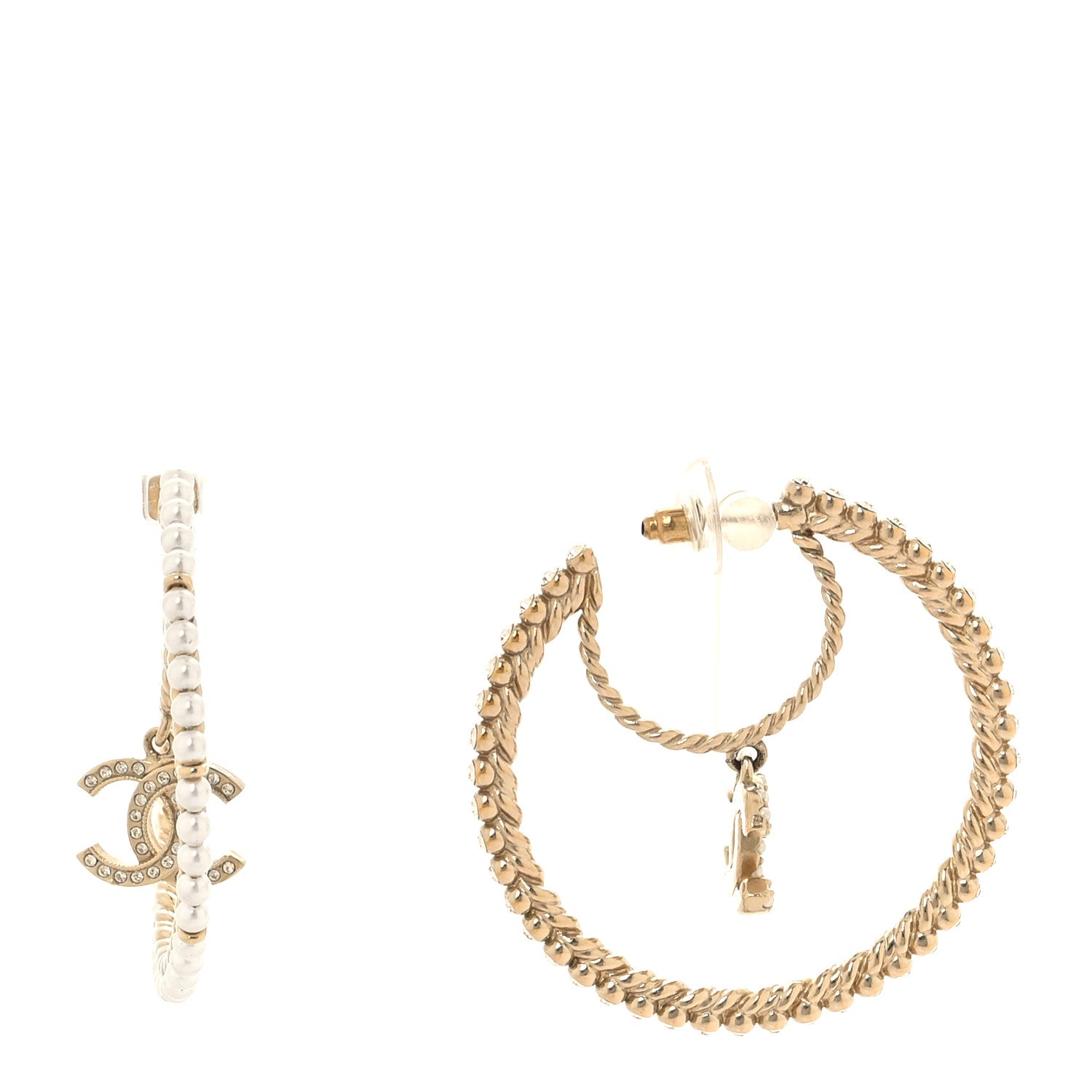 Chanel Crystal Pearl CC Drop Hoop Earrings Gold Pearly White 1 of 6