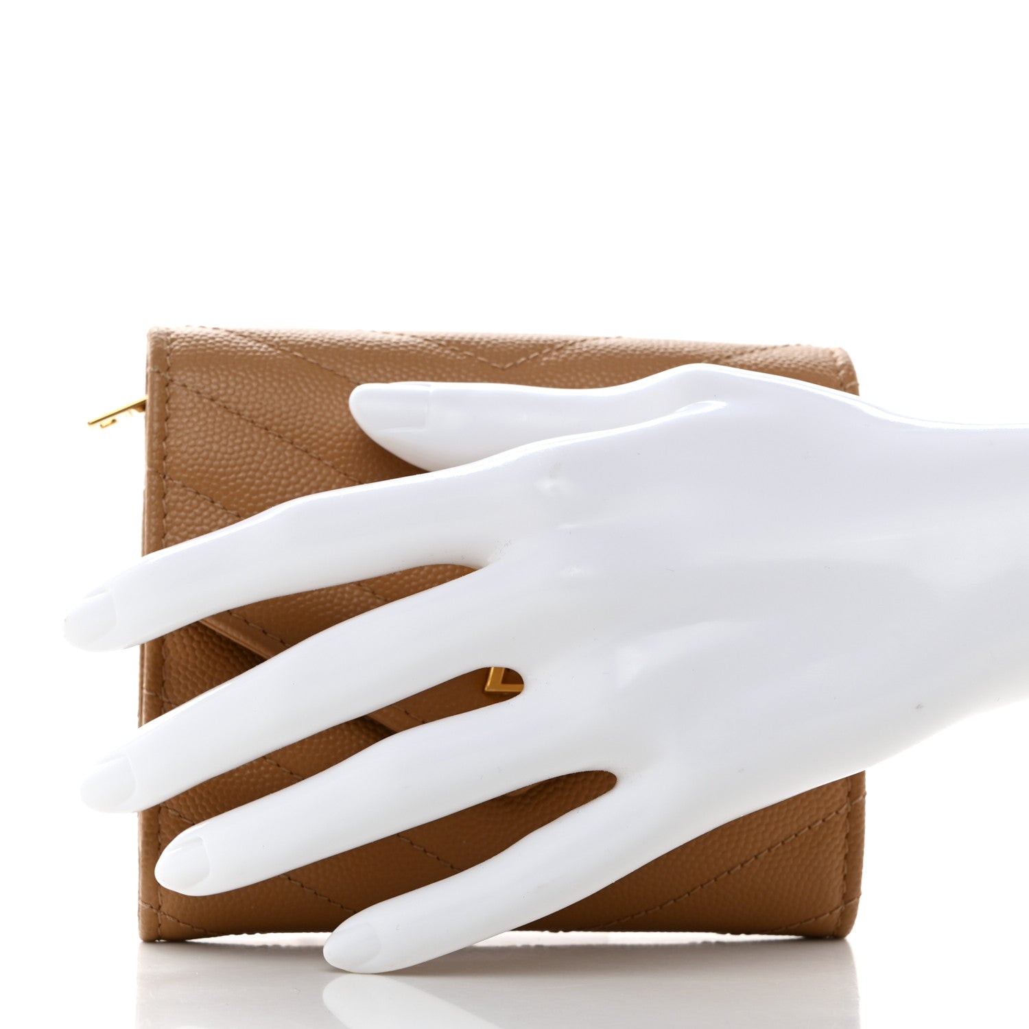 Saint Laurent Grain De Poudre Matelasse Chevron Monogram Compact Tri Fold Wallet Natural Dark 2 of 7