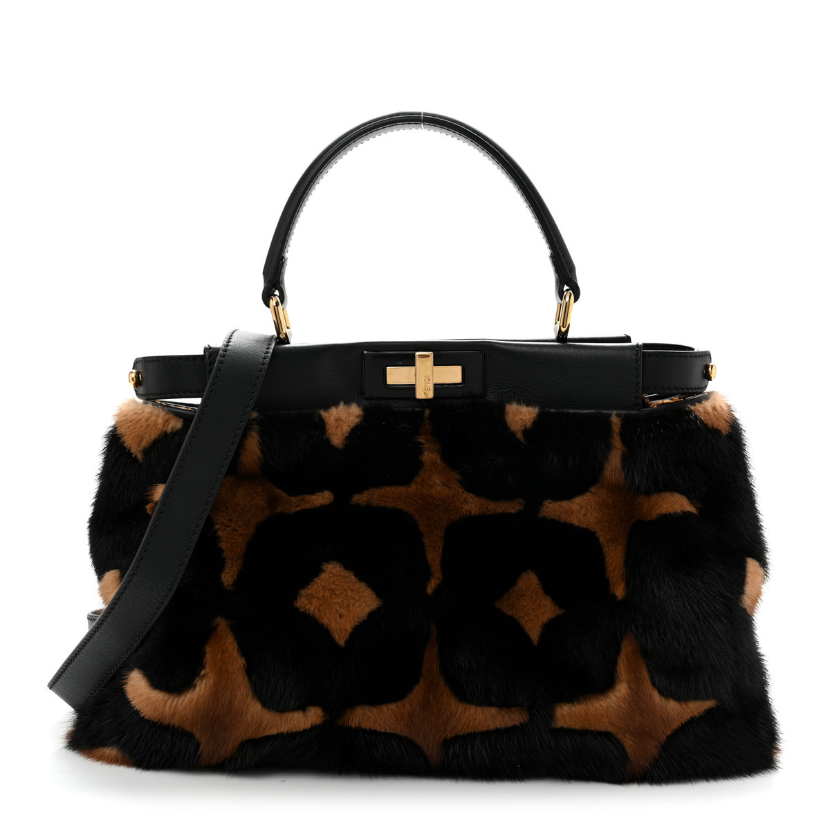 Fendi Mink Velvet Vitello Seta Inlaid Medium Peekaboo Iconic Satchel Tobacco Moro Black 1 of 13