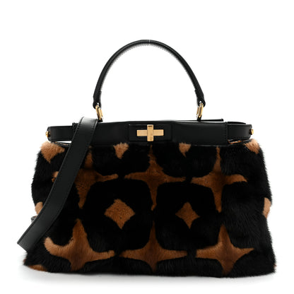 Fendi Mink Velvet Vitello Seta Inlaid Medium Peekaboo Iconic Satchel Tobacco Moro Black 1 of 13