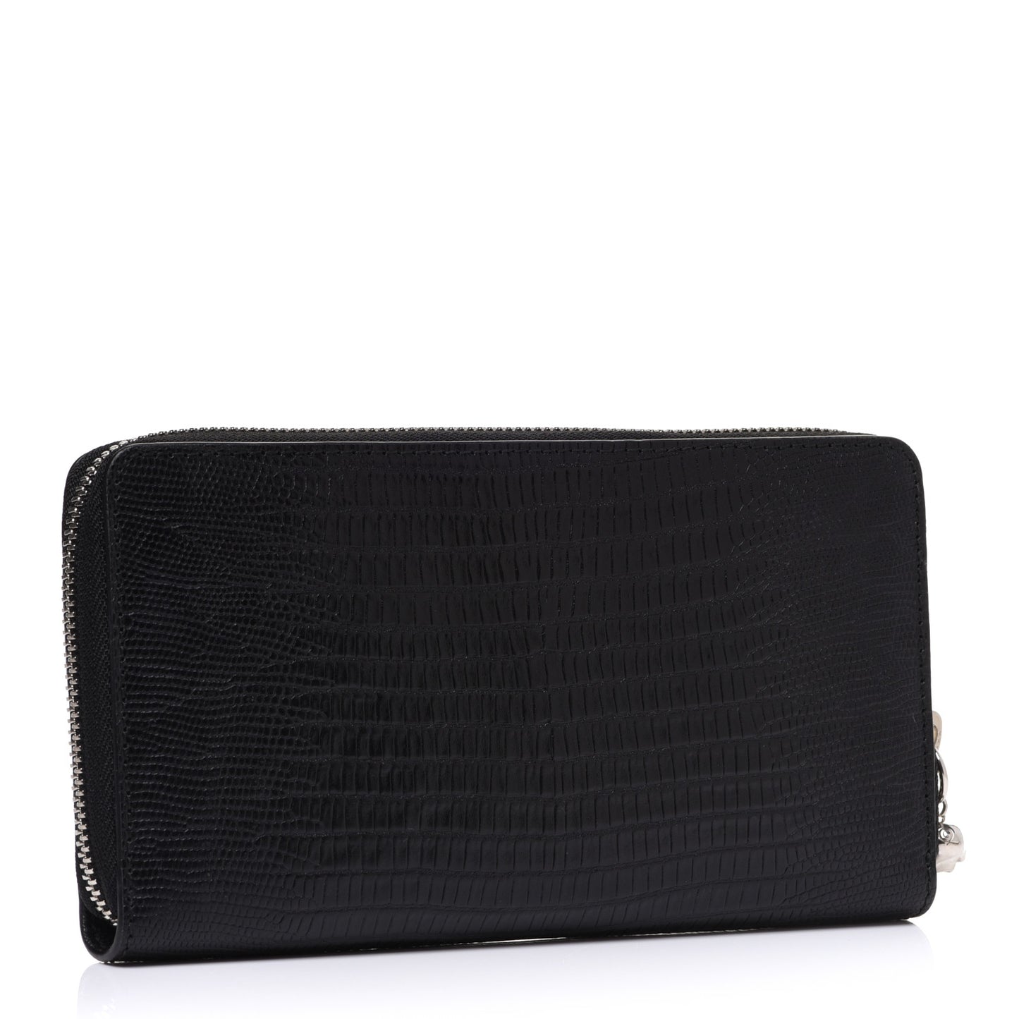 Calfskin Lizard Embossed Skull Continental Zip Wallet Black