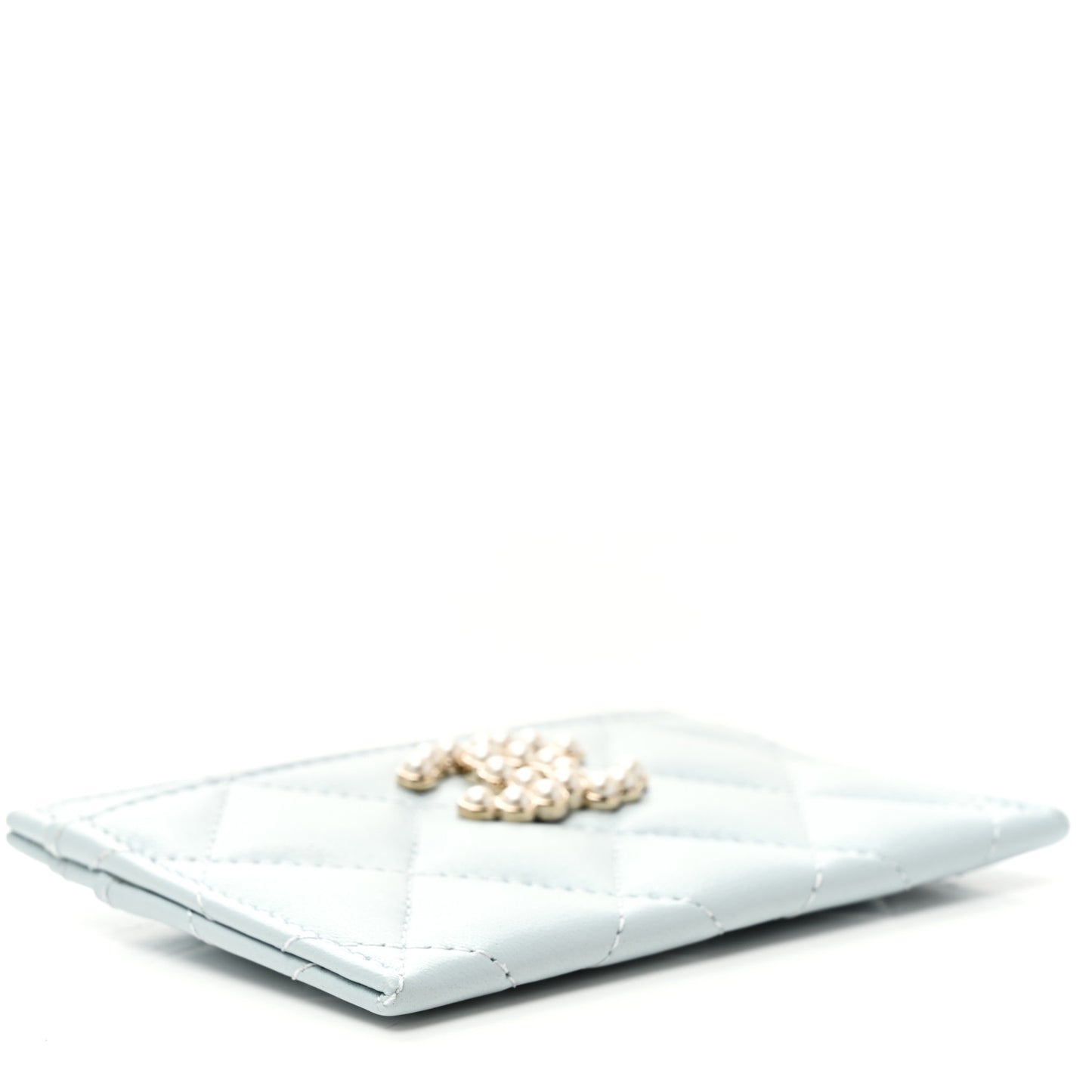 Lambskin Pearl Quilted Card Holder Light Blue