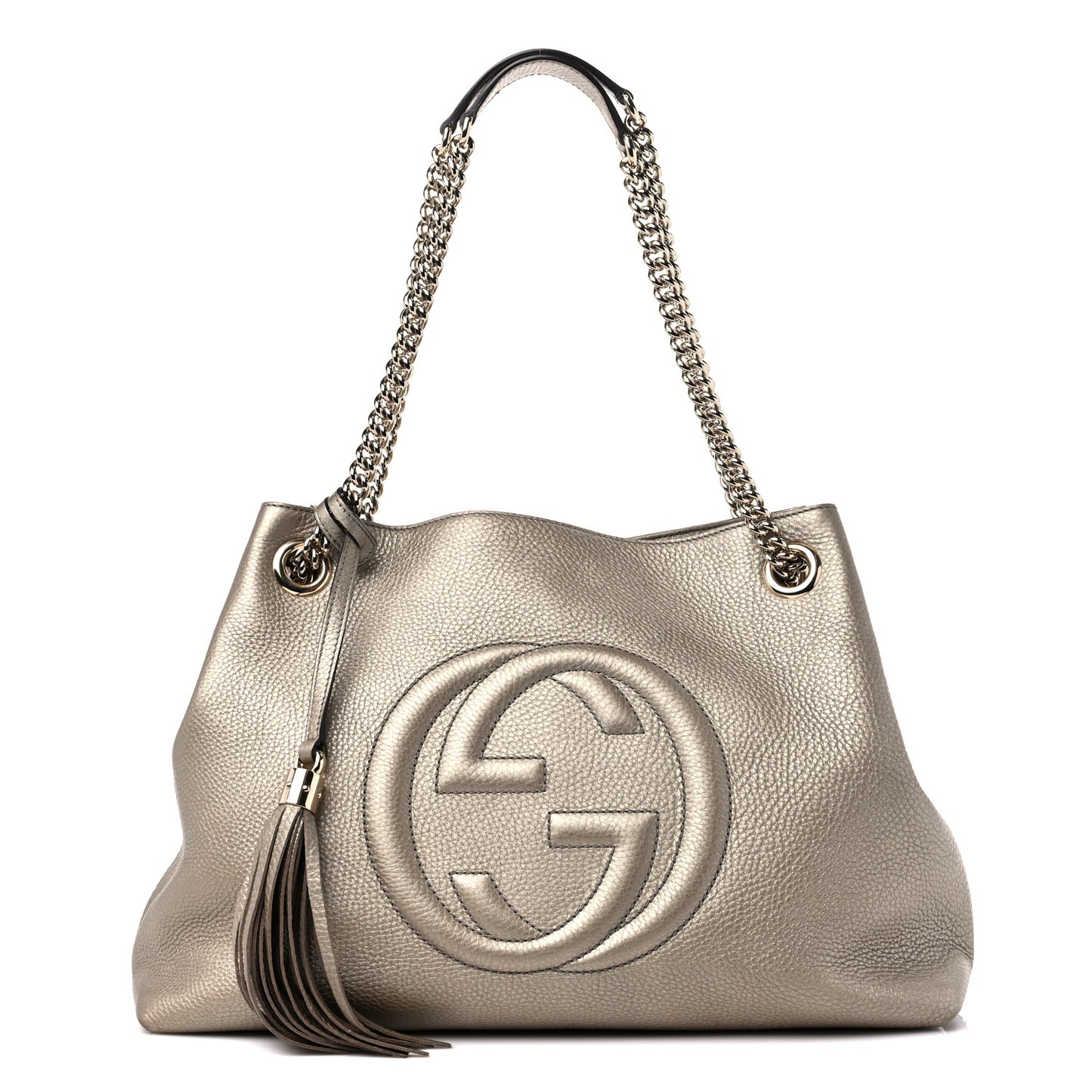 Metallic Pebbled Calfskin Medium Soho Chain Shoulder Bag Golden Beige