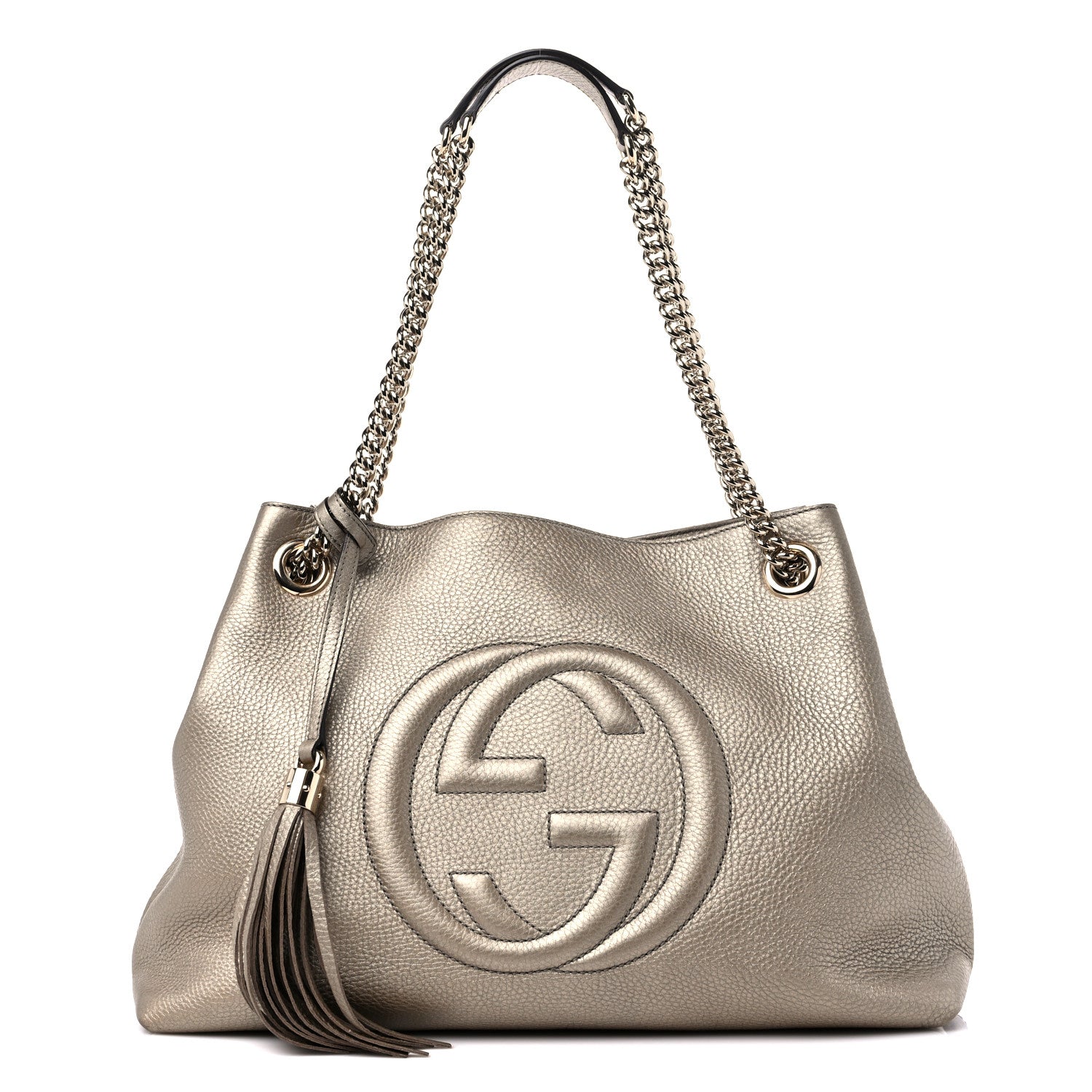 Gucci Metallic Pebbled Calfskin Medium Soho Chain Shoulder Bag Golden Beige 1 of 13