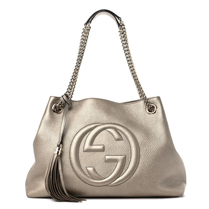 Gucci Metallic Pebbled Calfskin Medium Soho Chain Shoulder Bag Golden Beige 1 of 13
