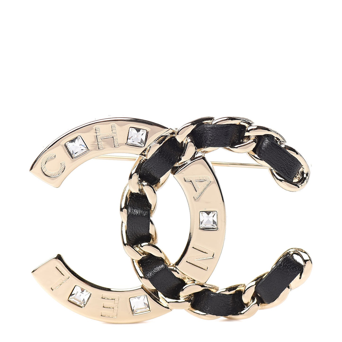 Lambskin Crystal CC Brooch Black Gold
