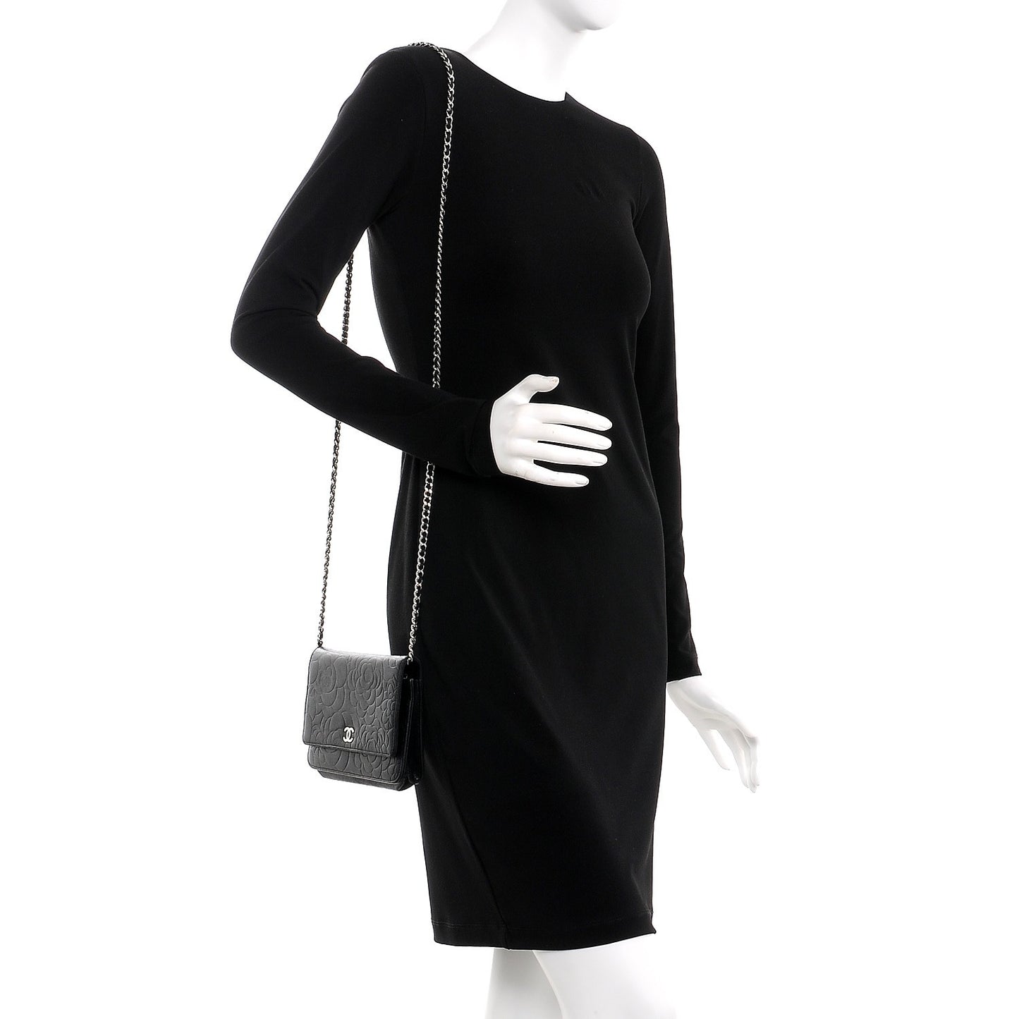 Lambskin Camellia Embossed Wallet On Chain WOC Black
