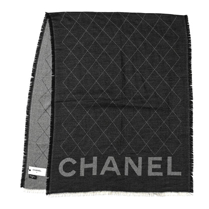 Chanel Cashmere Silk Quilted CC Logo Stole Black White 2 of 6