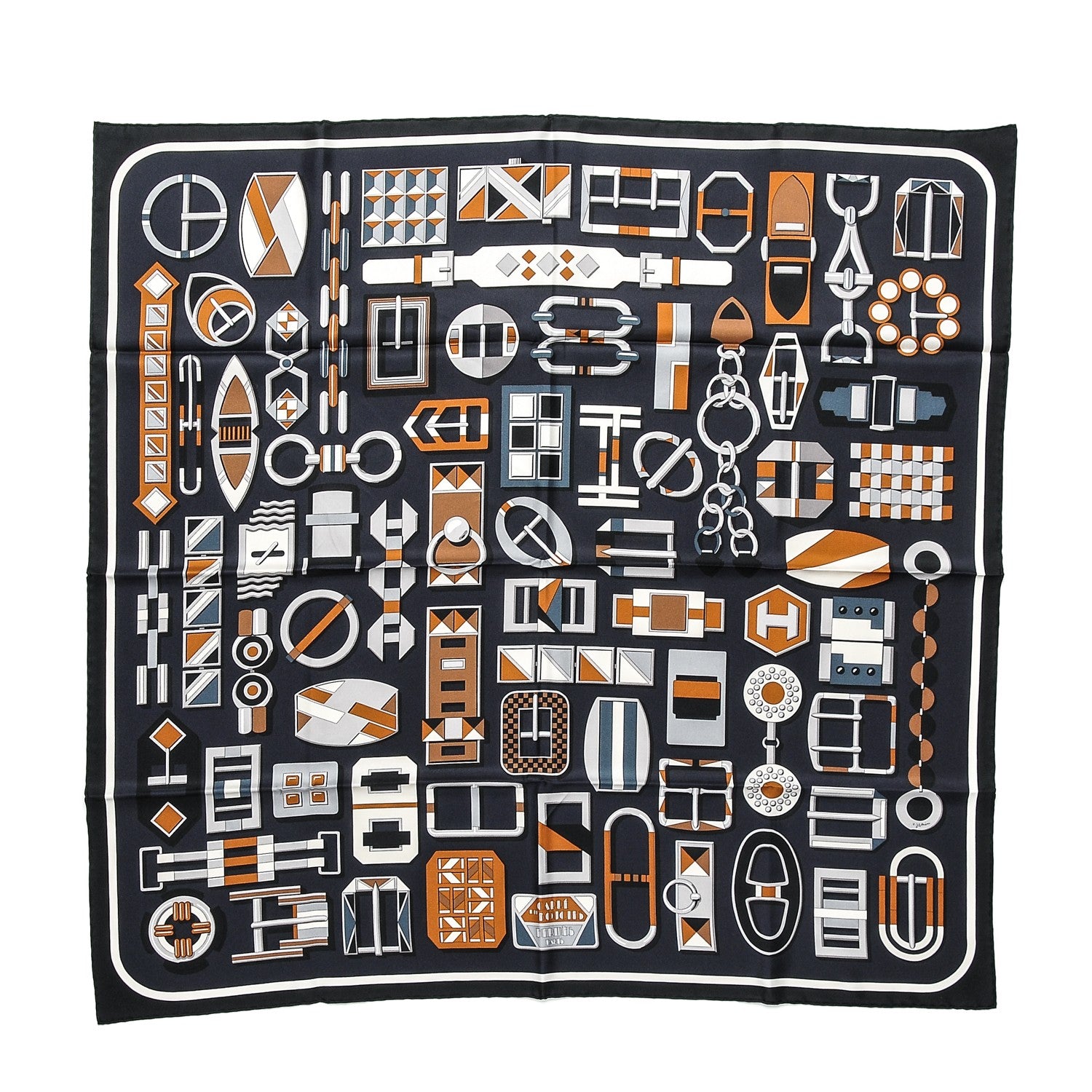 Hermes Silk Carré en Boucles Scarf 90 Black Gris Caramel 1 of 9