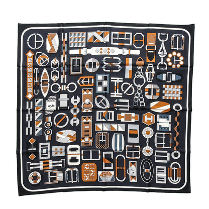 Hermes Silk Carré en Boucles Scarf 90 Black Gris Caramel 1 of 9