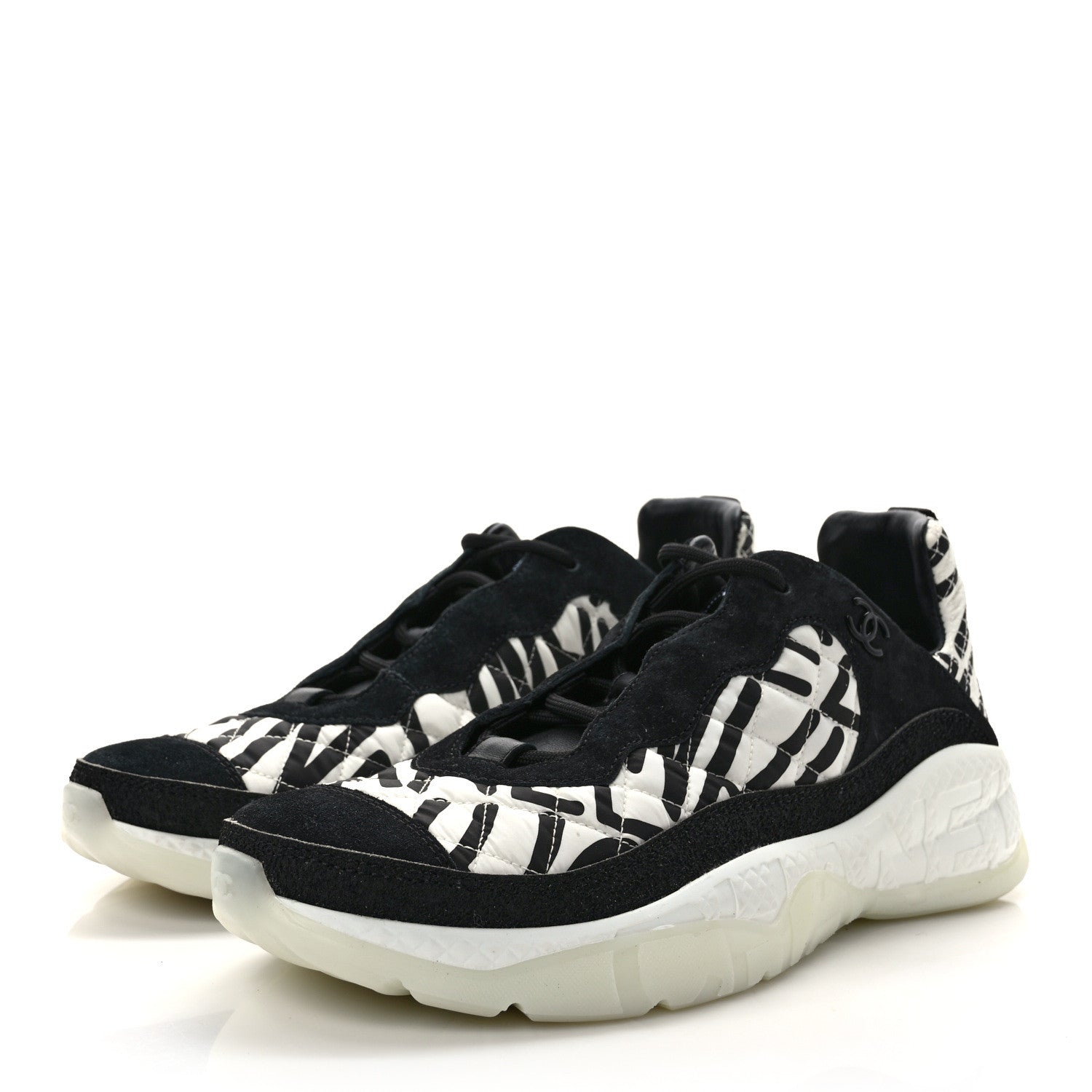 Chanel Nylon Suede Calfskin Printed Sneakers 42 White Black 3 of 8