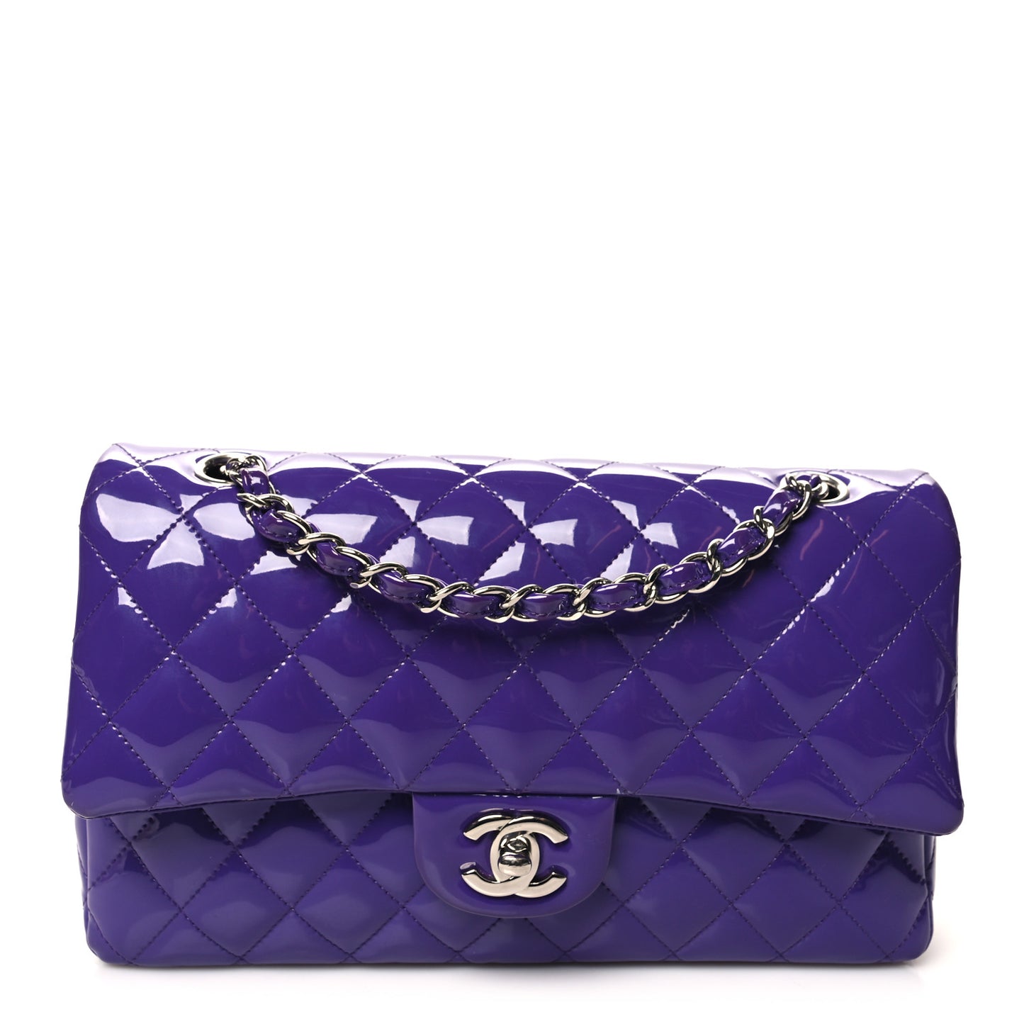 Patent Calfskin Quilted Medium Double Flap Purple