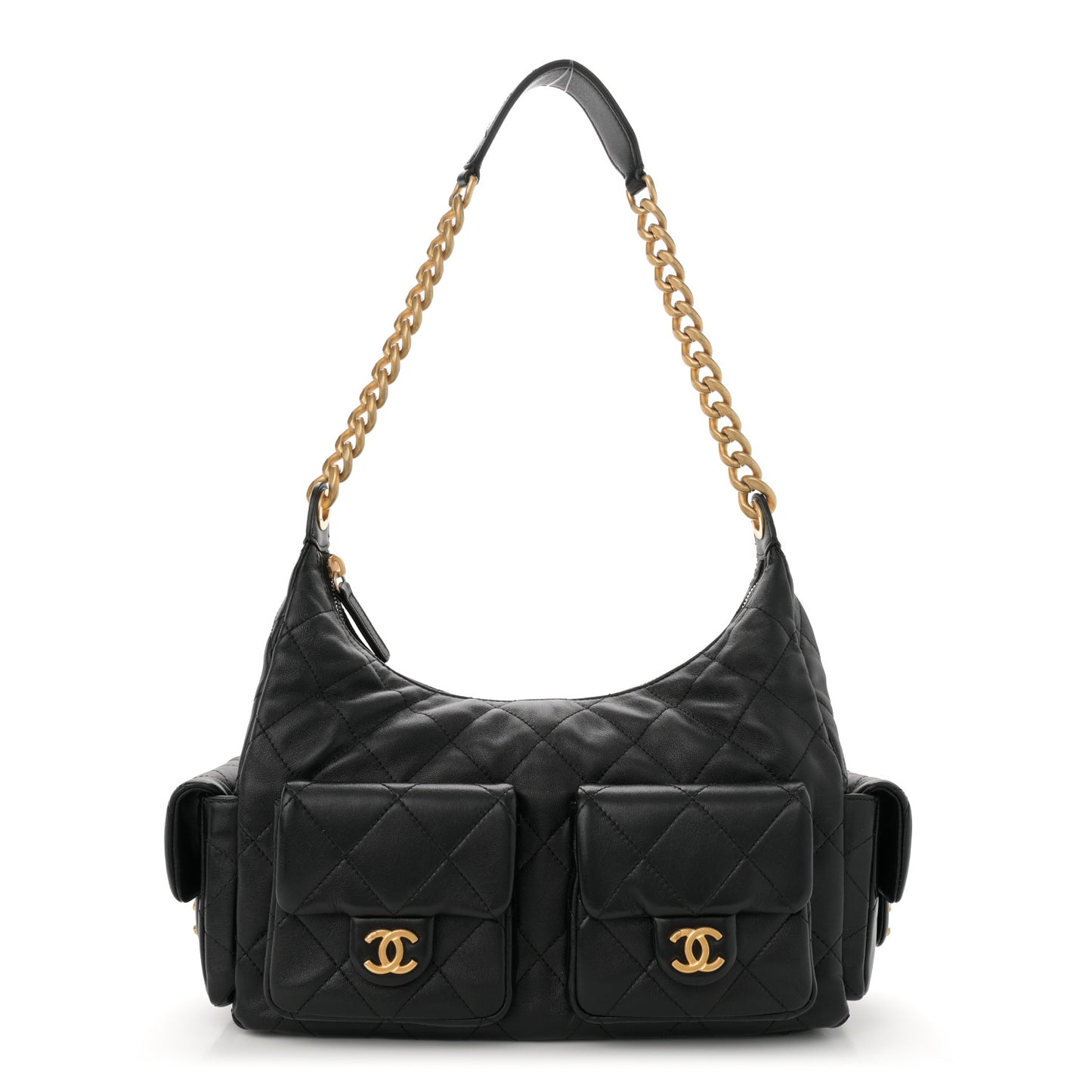 Shiny Lambskin Quilted Trendy Pockets Hobo Black