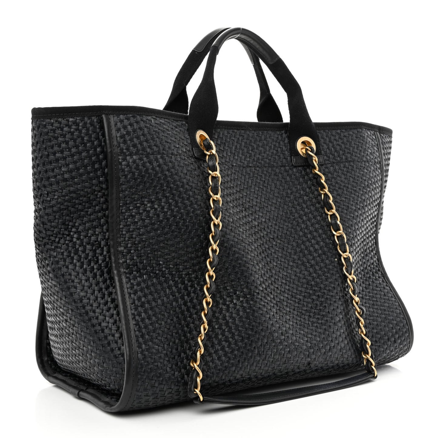 Straw Raffia Calfskin Chain Medium Deauville Tote Black