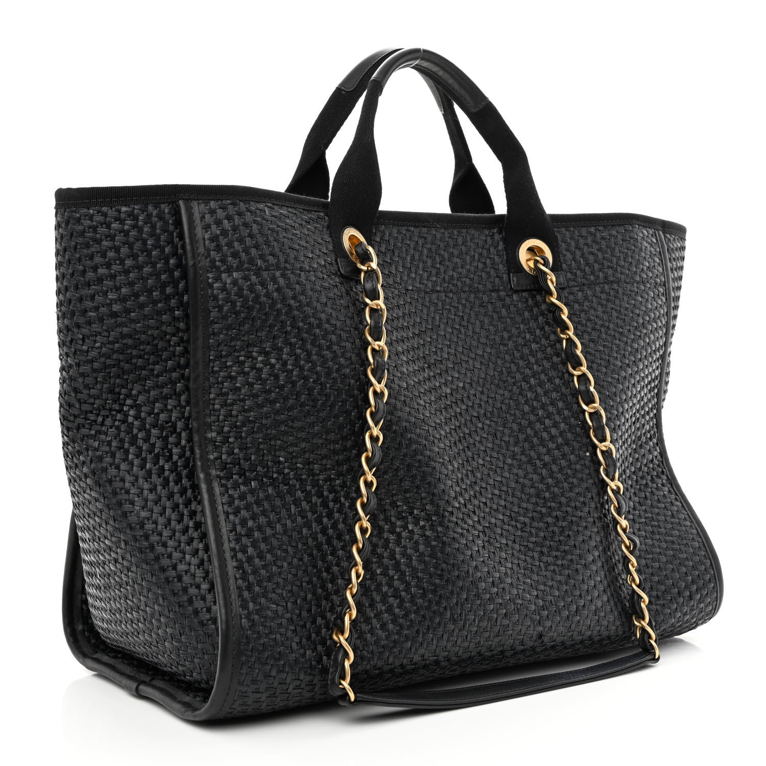 Chanel Straw Raffia Calfskin Chain Medium Deauville Tote Black 3 of 12