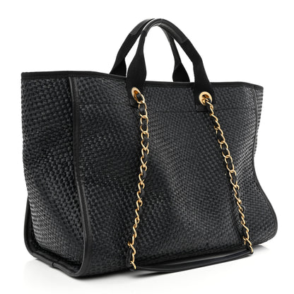 Chanel Straw Raffia Calfskin Chain Medium Deauville Tote Black 3 of 12