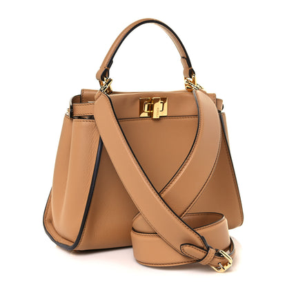 Fendi Vitello Seta Canvas FF Embroidered Mini Peekaboo Iconic Satchel Miele Scuro Poudre 2 of 10