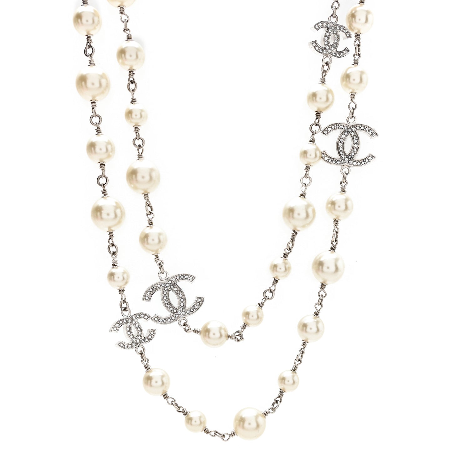 Graduated Pearl Crystal CC Long Necklace Silver