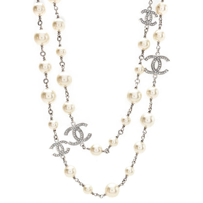 Chanel Graduated Pearl Crystal CC Long Necklace Silver 1 of 5