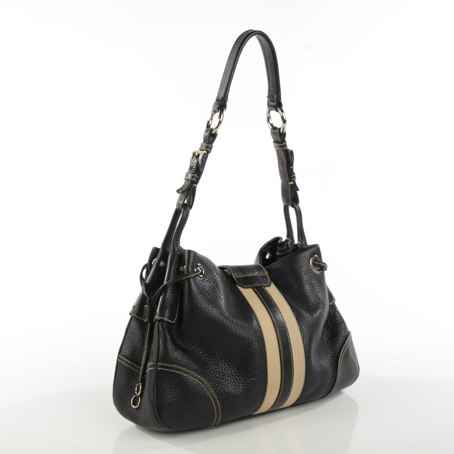 Vitello Daino Stripe Shoulder Bag Nero Black