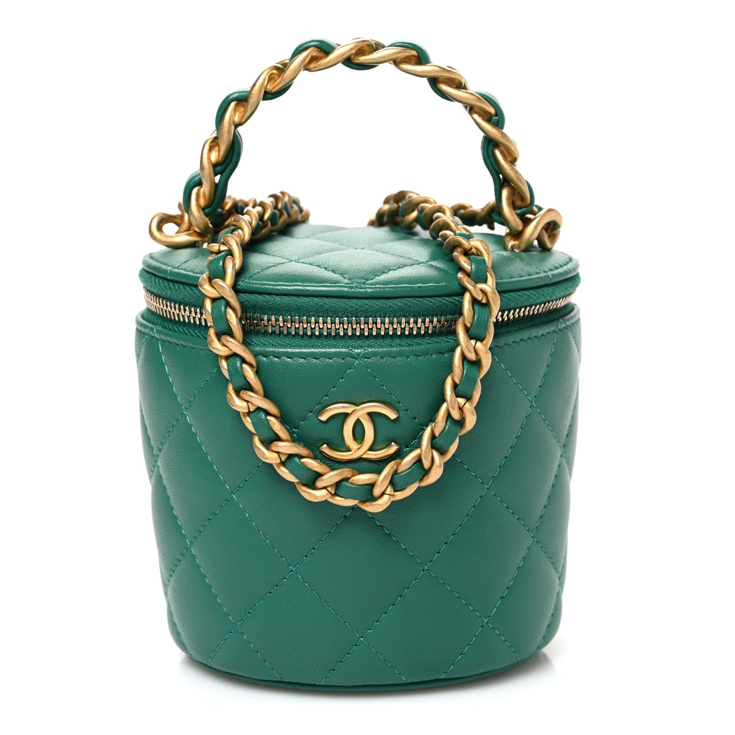Lambskin Quilted Afternoon Tea Top Handle Vanity Case With Chain Green
