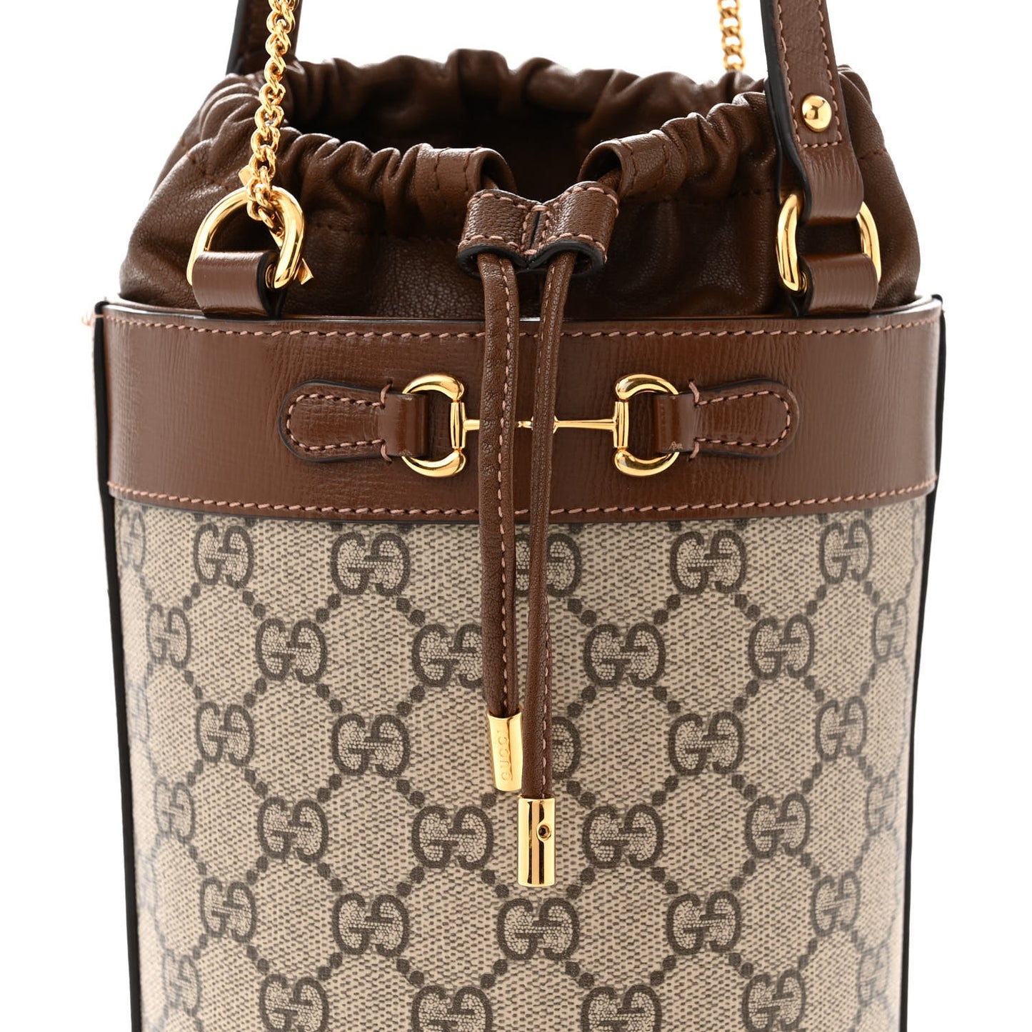 GG Supreme Monogram Azalea Sakai Calfskin Small Horsebit 1955 Drawstring Bucket Bag Beige Ebony Brown Sugar