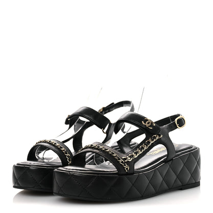 Chanel Lambskin Quilted Chain CC Platform Sandals 38 Black 4 of 11