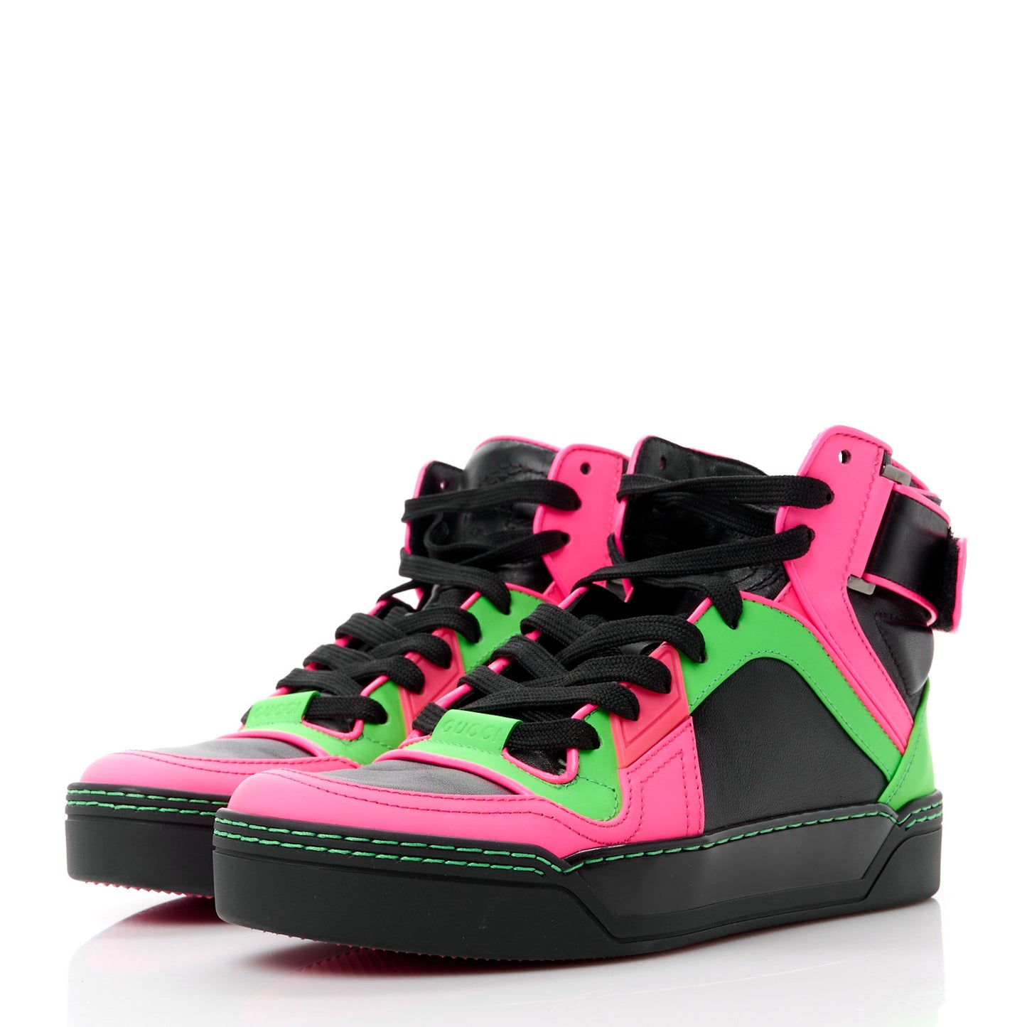 Lambskin Calfskin Womens High Top Sneakers 36 Black Neon Green Pink