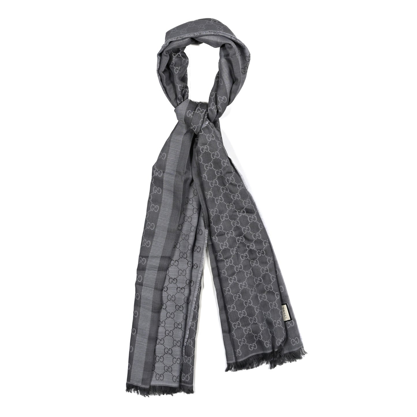 Wool Silk GG Monogram GGWeblong Fringe Scarf Shawl Blue