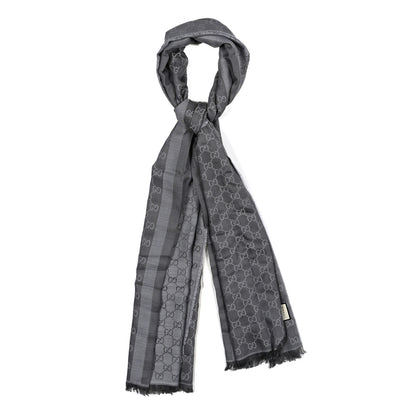 Gucci Wool Silk GG Monogram GGWeblong Fringe Scarf Shawl Blue 1 of 5