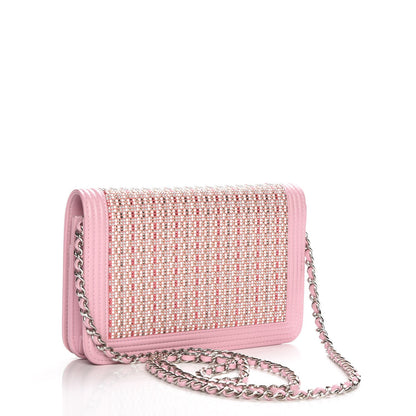 Chanel Calfskin Crystal Studded Boy Wallet On Chain WOC Pink 3 of 13