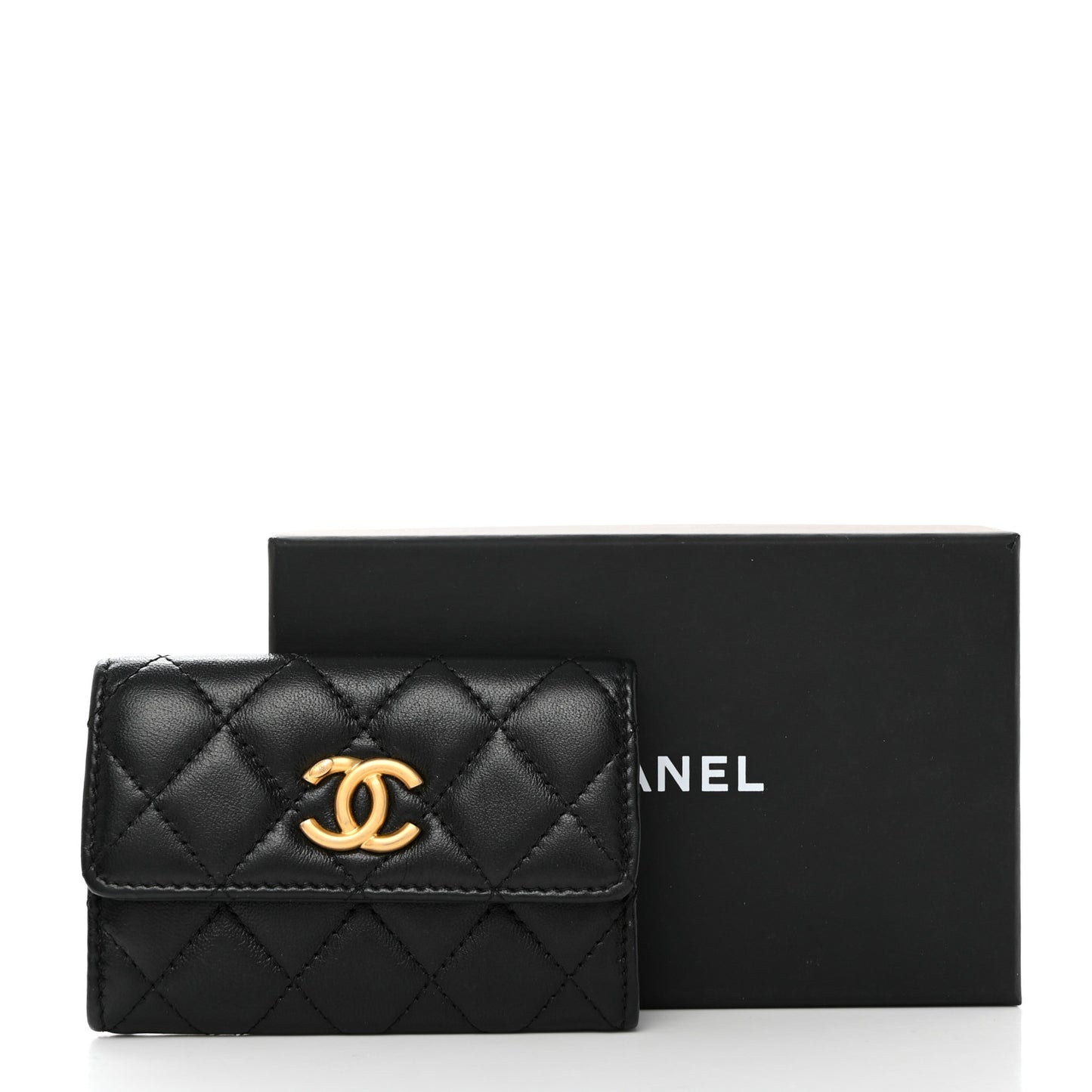 Lambskin Quilted Flap Card Holder Black