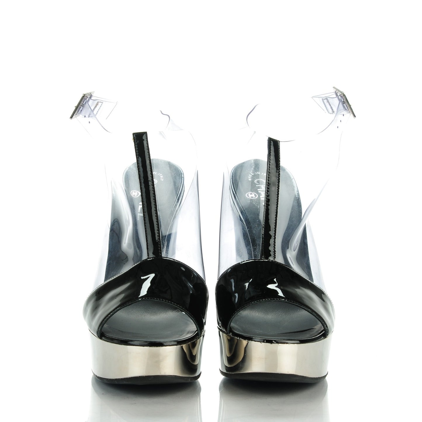 Patent Chrome Vinyl Wedge Sandals 41 Black