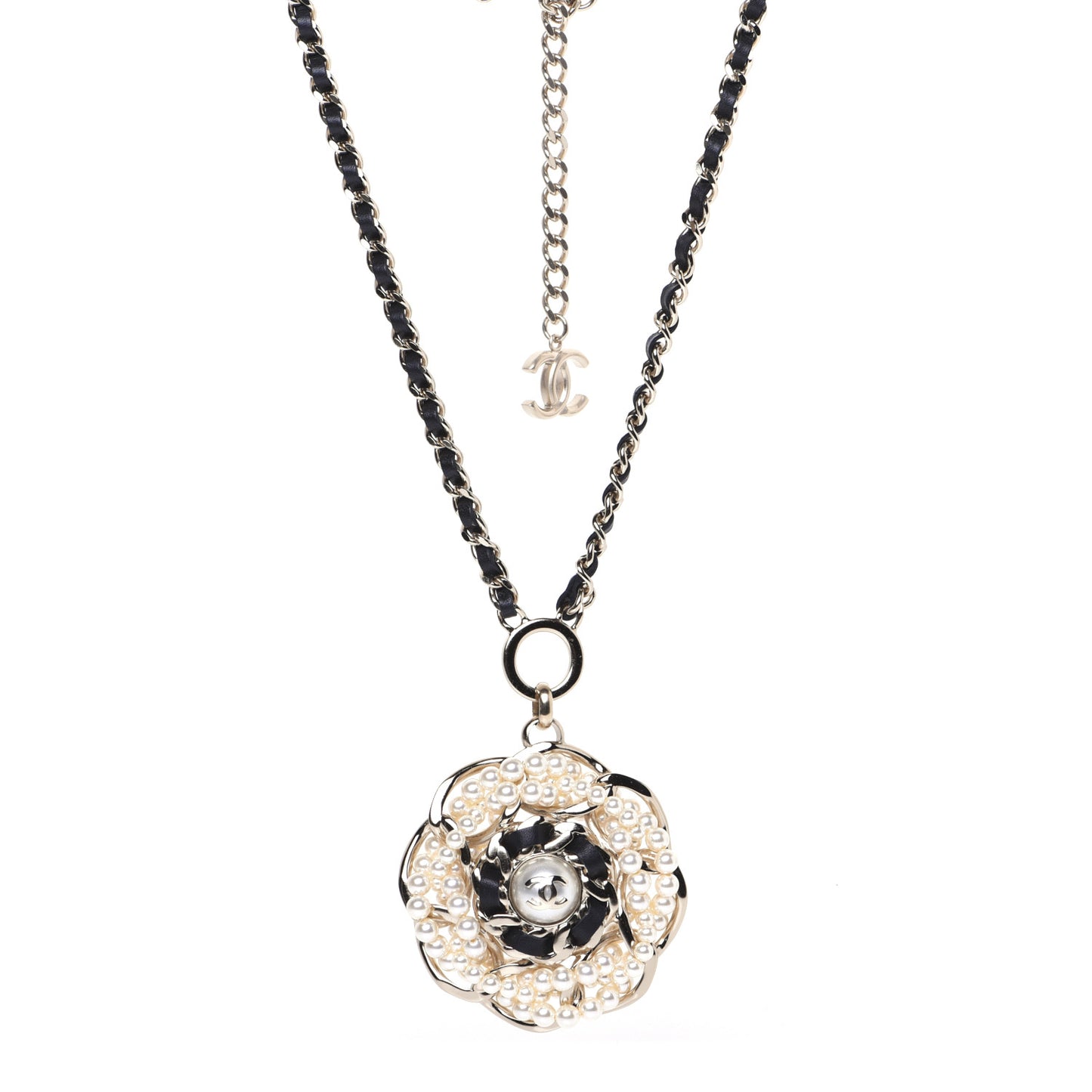 Lambskin Pearl CC Camellia Chain Necklace Gold