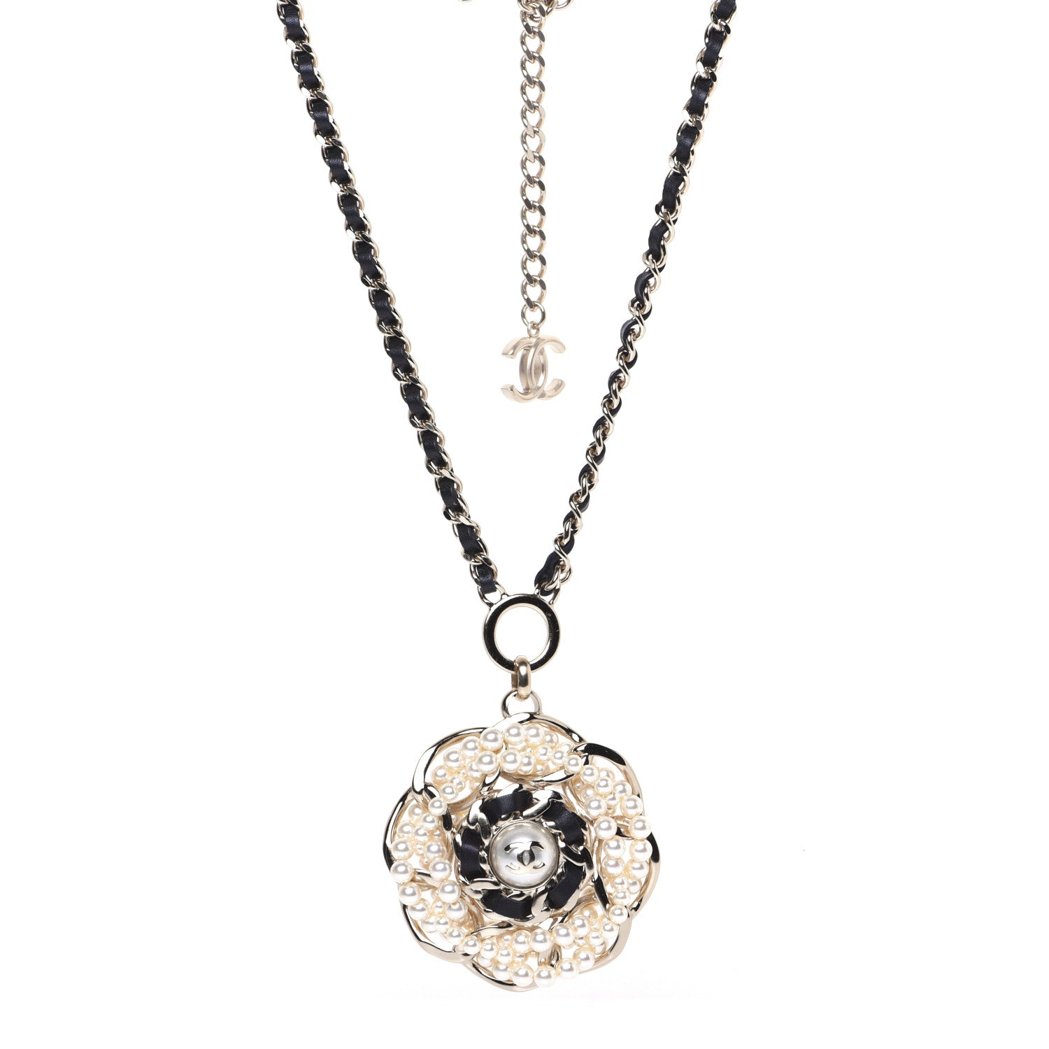 Chanel Lambskin Pearl CC Camellia Chain Necklace Gold 1 of 10