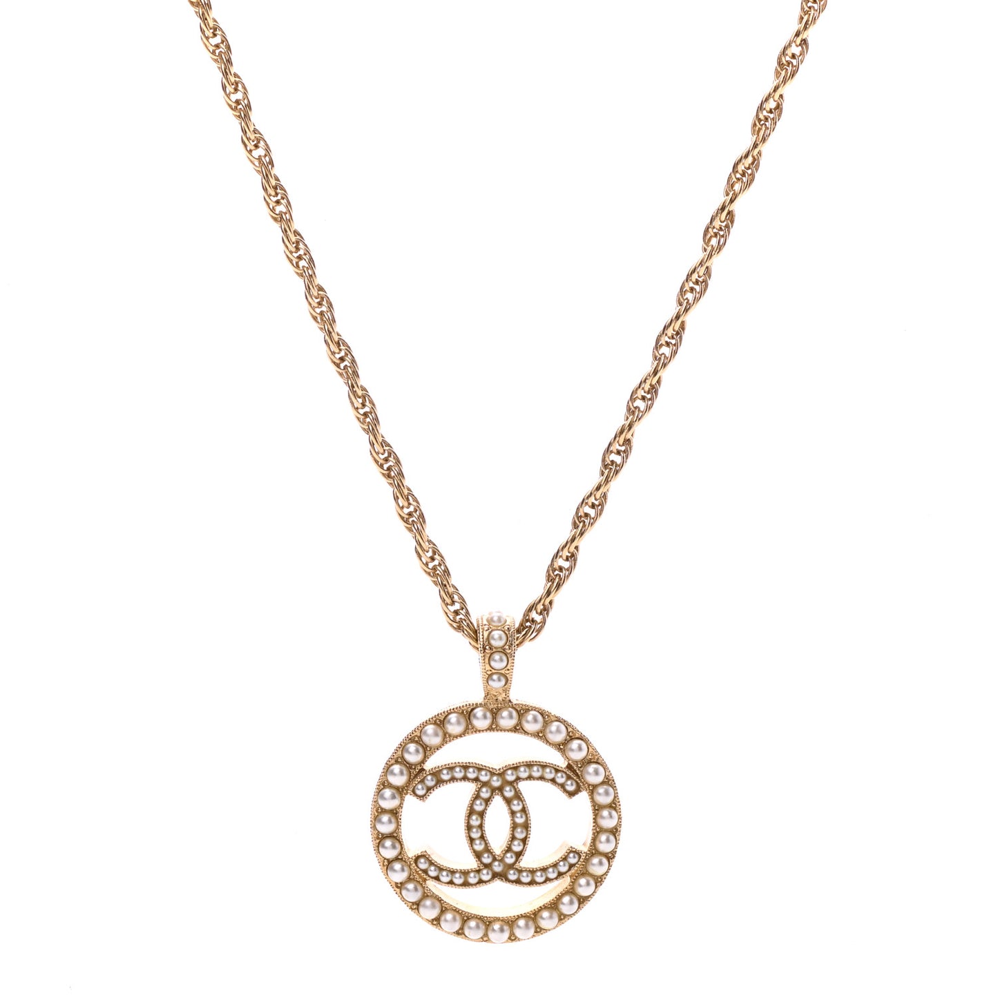Pearl CC Round Pendant Necklace Gold