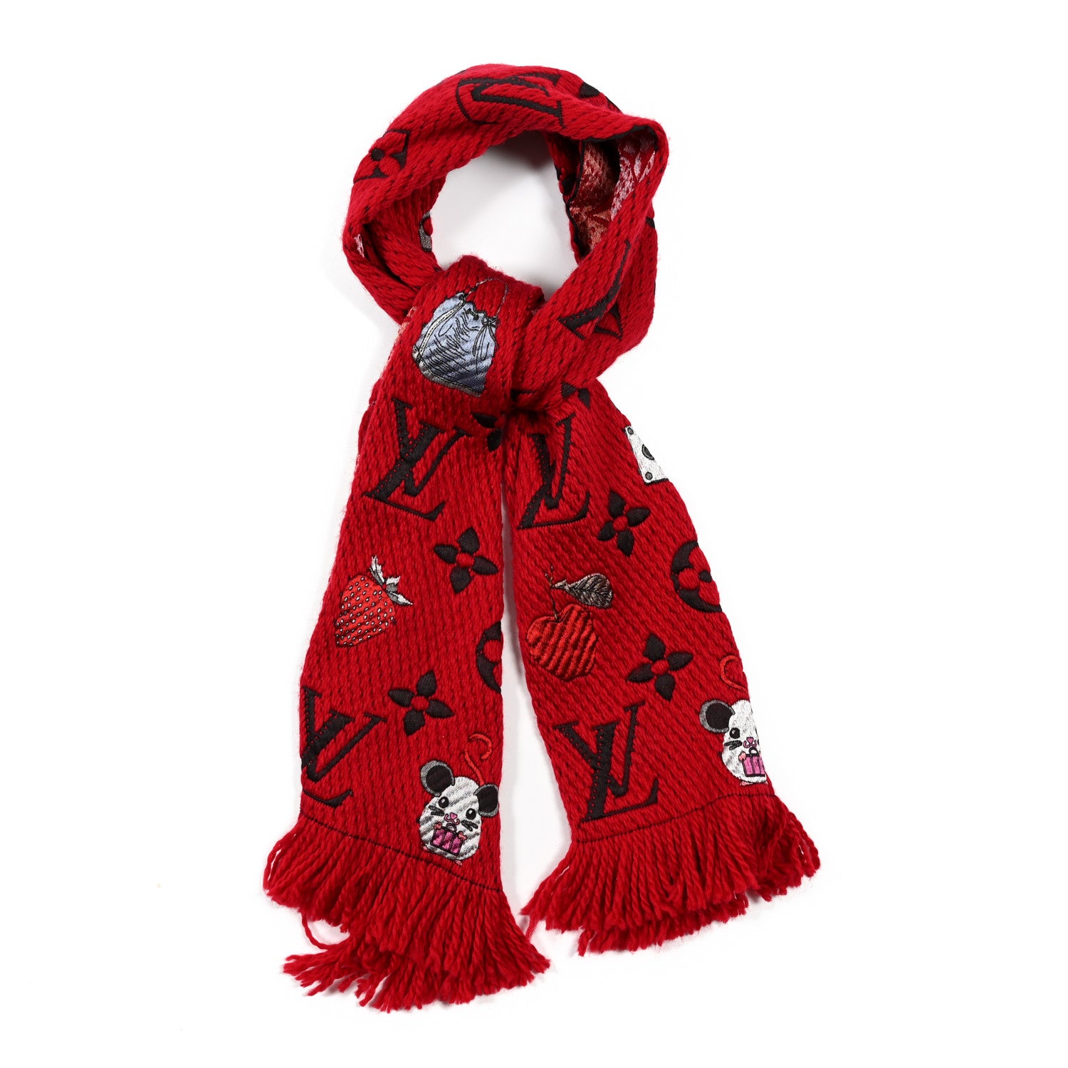 Louis Vuitton Wool Silk Logomania Vuittonite Scarf Red 1 of 3