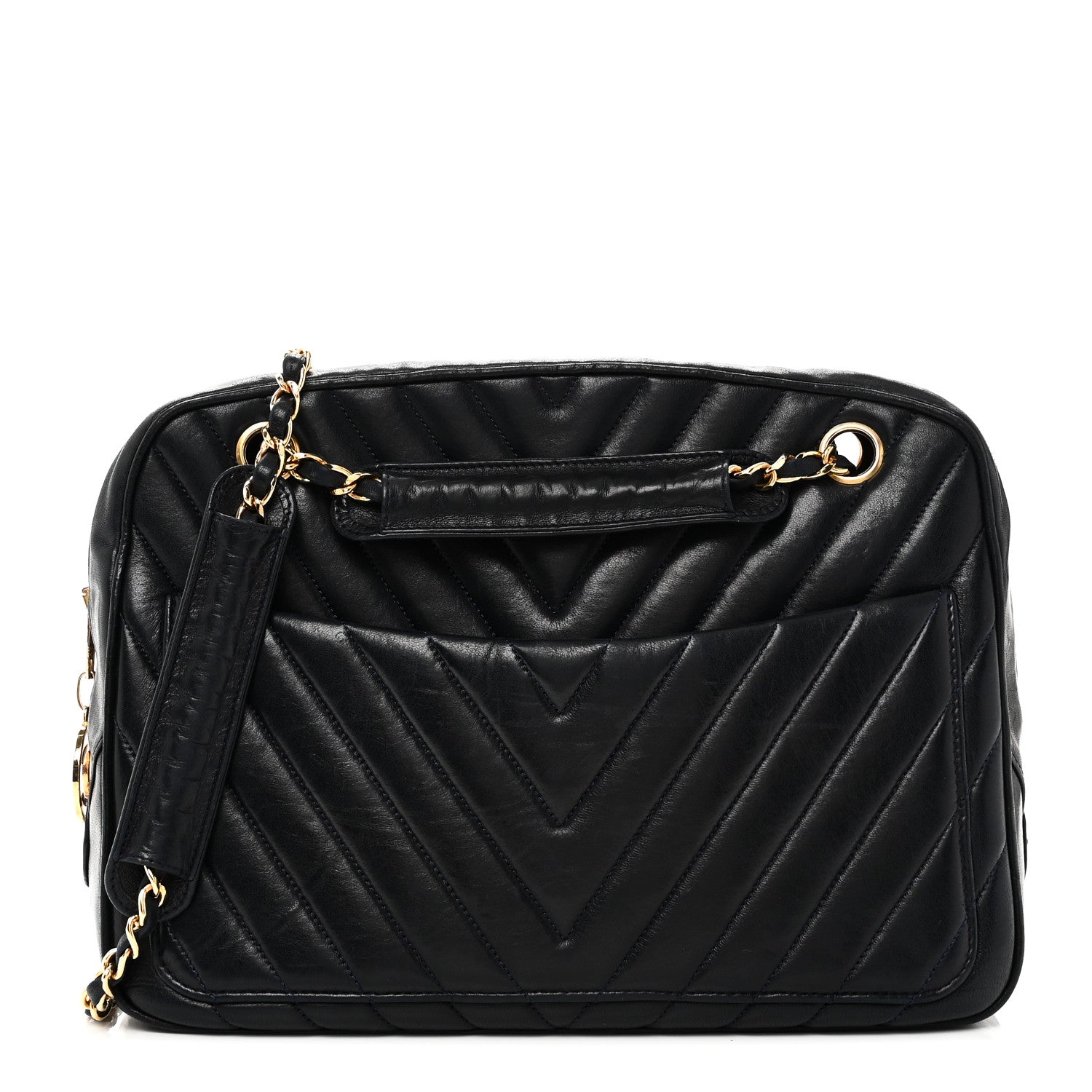 Chanel Lambskin Chevron Quilted Camera Case Navy 1 of 10