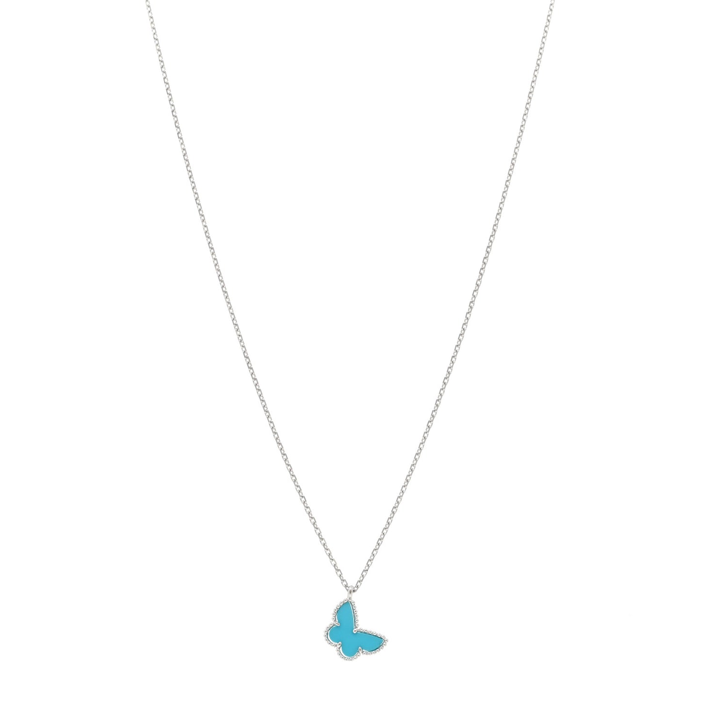 VAN CLEEF & ARPELS 18K White Gold Turquoise Sweet Alhambra Butterfly Pendant Necklace
