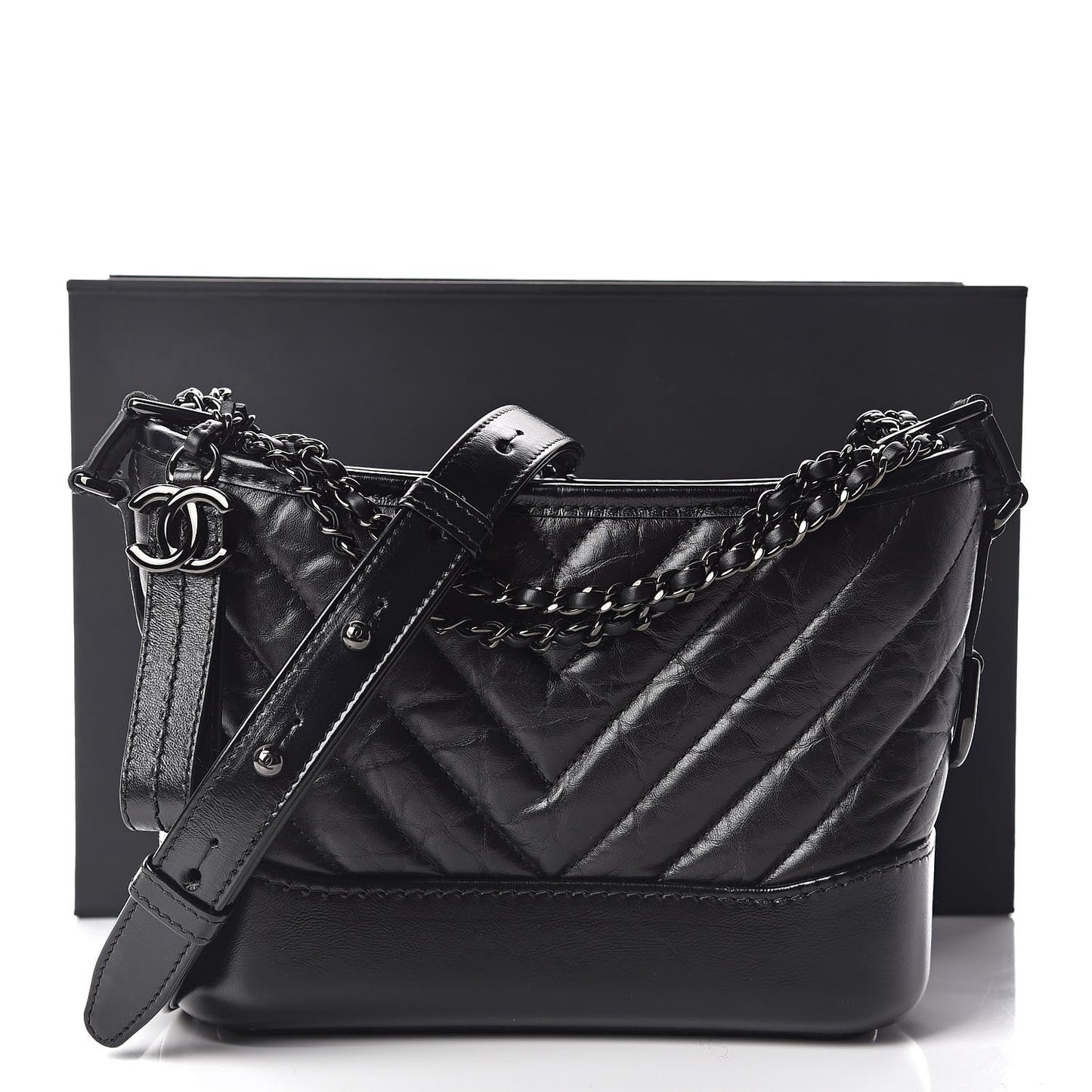 Aged Calfskin Chevron Quilted Small Gabrielle Hobo So Black