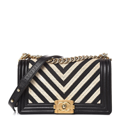 Chanel Fabric Chevron Braided Medium Boy Flap Black White 1 of 11