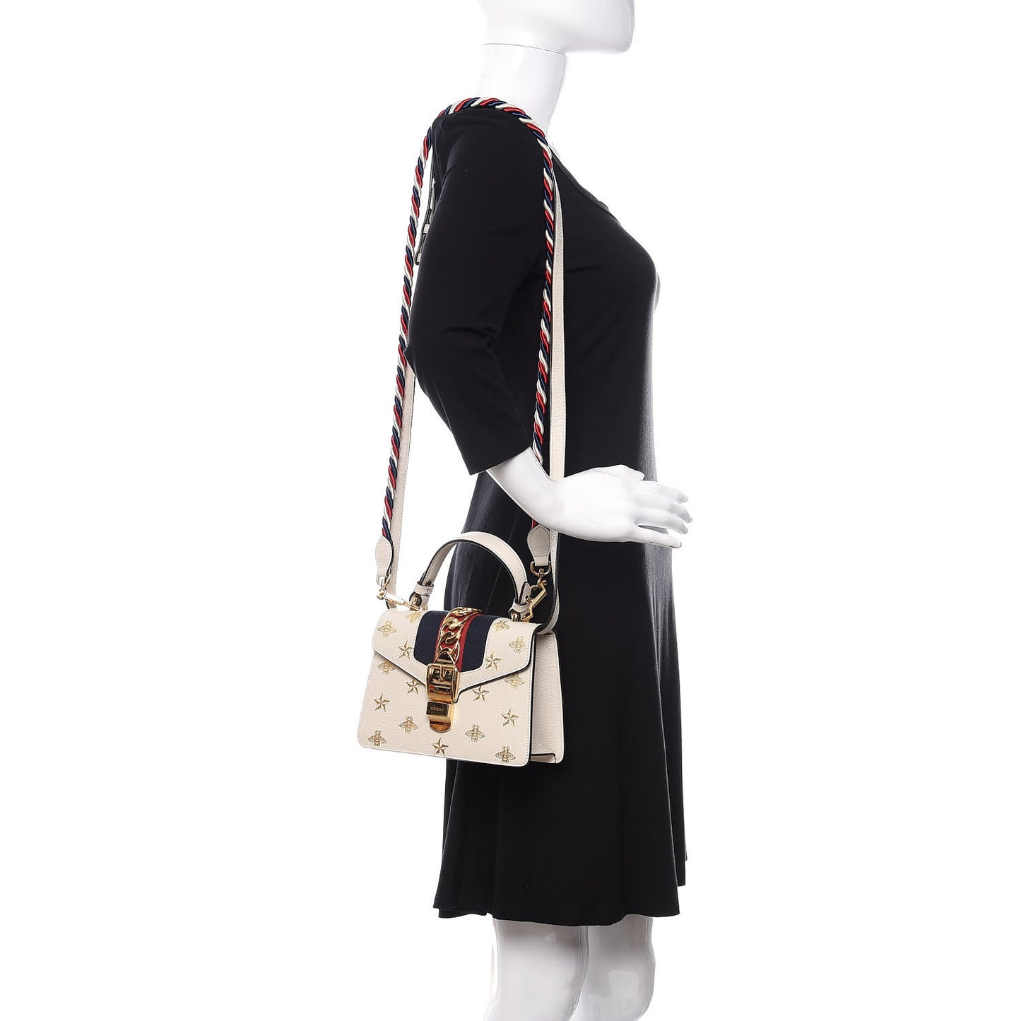 Textured Calfskin Bee Star Print Mini Sylvie Top Handle Bag Mystic White