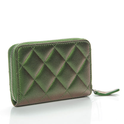 Chanel Metallic Lambskin Quilted Zip Around Coin Purse Wallet Green 3 of 7