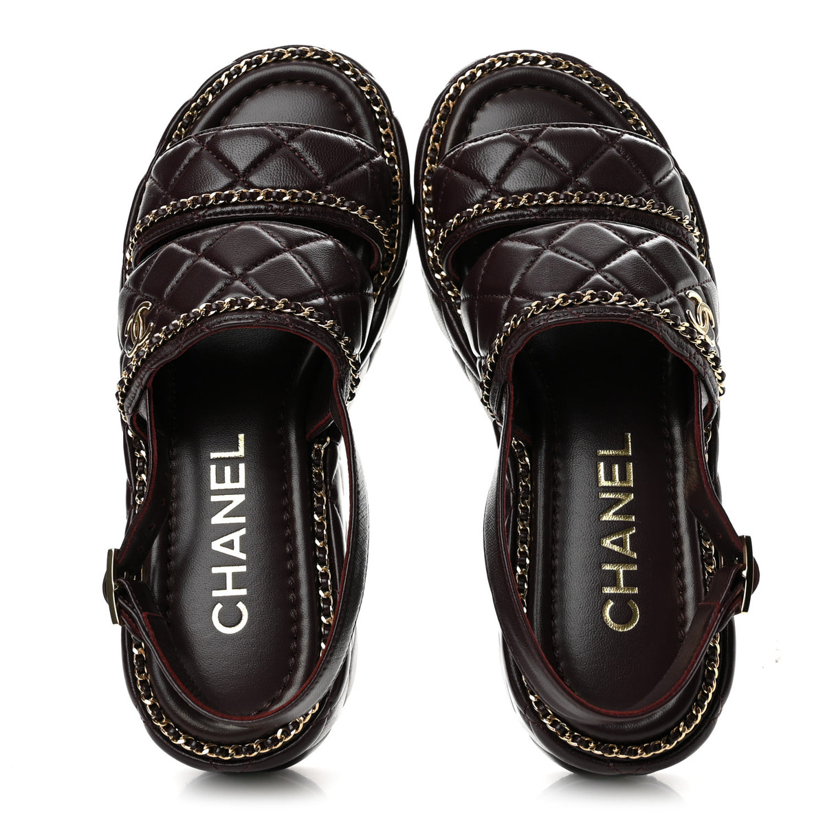 Chanel Shiny Lambskin Quilted Chain Around CC Platform Sandals 36 Burgundy 2 of 13