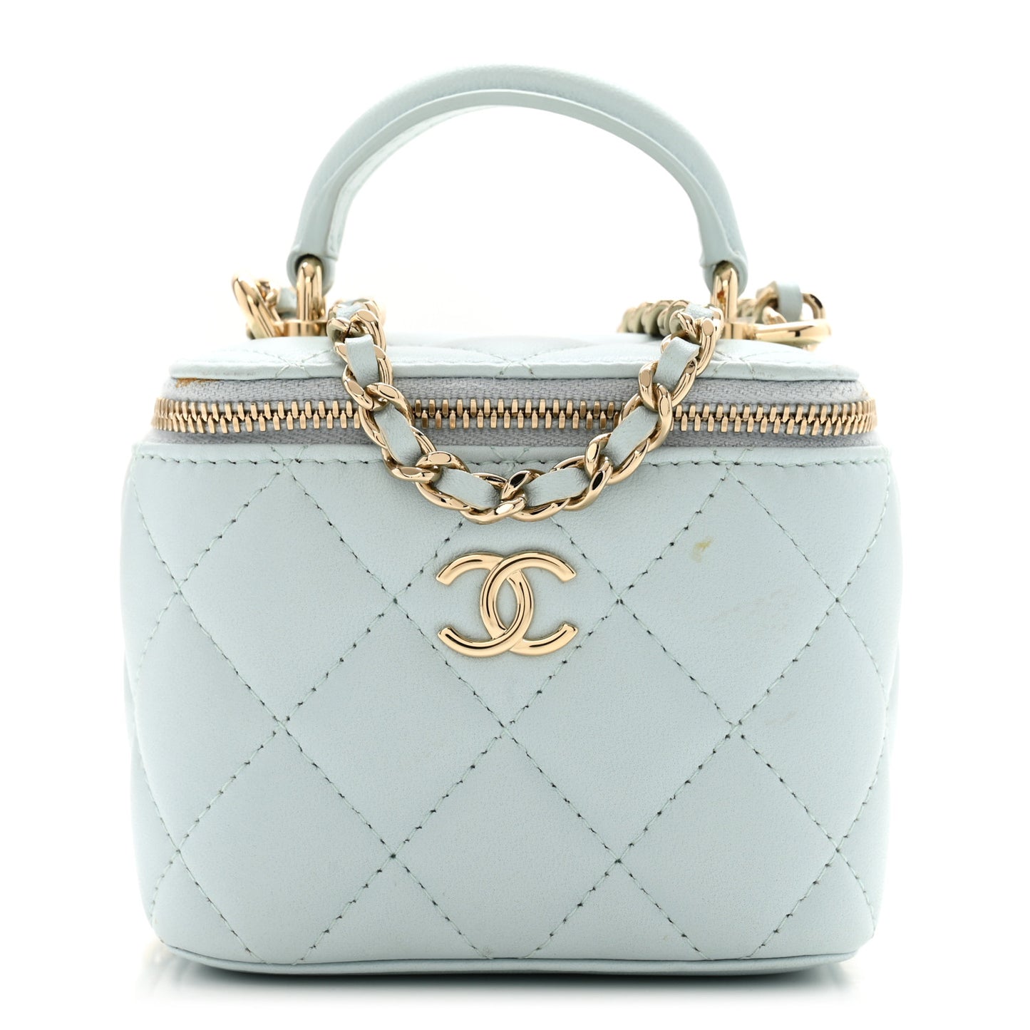 Lambskin Quilted Top Handle Mini Vanity Case With Chain Light Blue