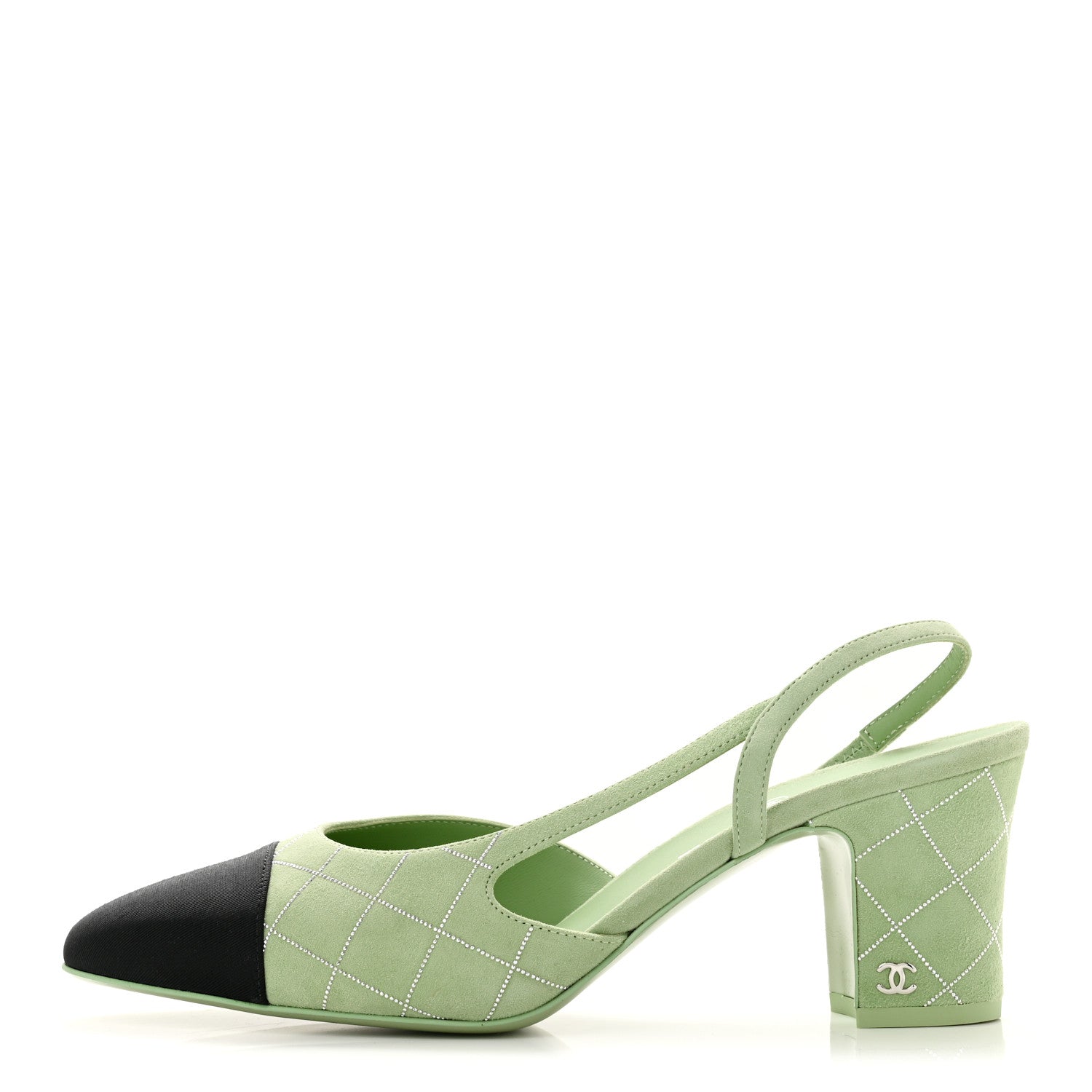 Chanel Suede Grosgrain Studded Cap Toe CC Slingback Pumps 40.5 Green Black 1 of 9