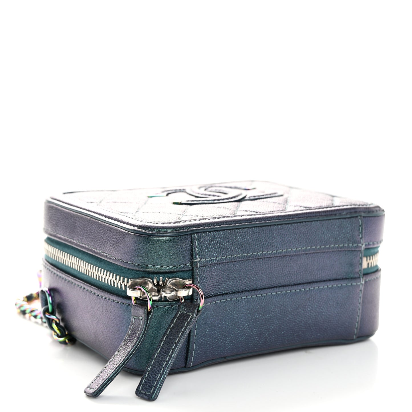 Iridescent Caviar Quilted Small CC Filigree Vanity Case Dark Turquoise