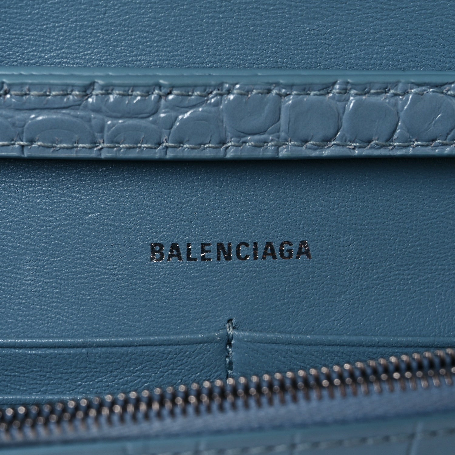 Balenciaga Shiny Calfskin Crocodile Embossed Hourglass Chain Bag Blue Grey 10 of 17