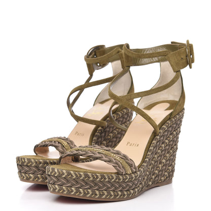 Christian Louboutin Tresse Veau Velours Bodrum 110 Wedge Sandals 39 Green Tea 3 of 8